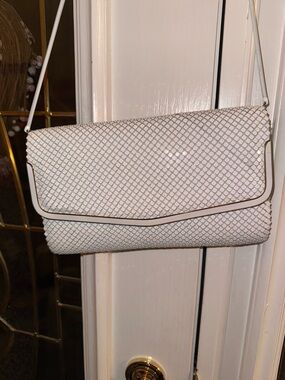 Elegant White Mesh Envelope Clutch with Gold Trim